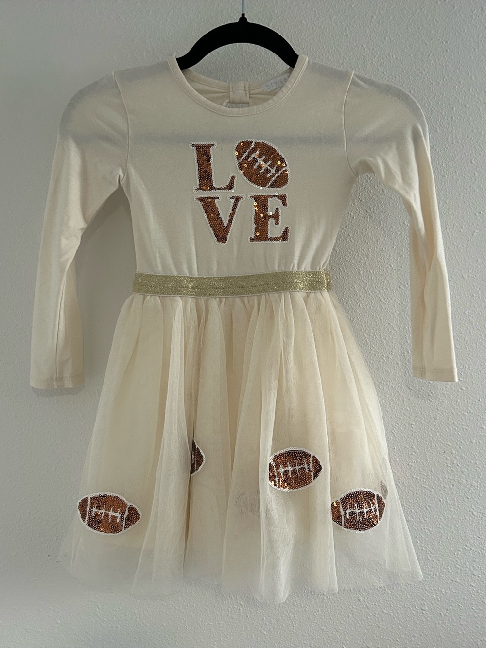 btween Cream Long Sleeve Tulle Dress with Gold Belt and Sequin Footballs